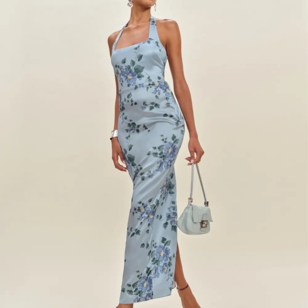 Reformation Blue Floral Halter Maxi Dress